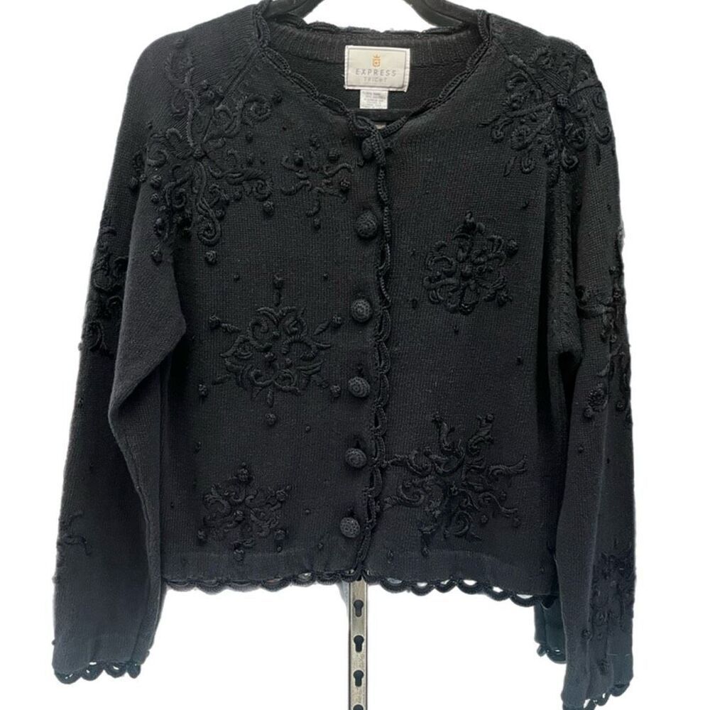Express Tricot Vintage 90's Black Embroidered Long Sleeve Cardigan Sz XS
